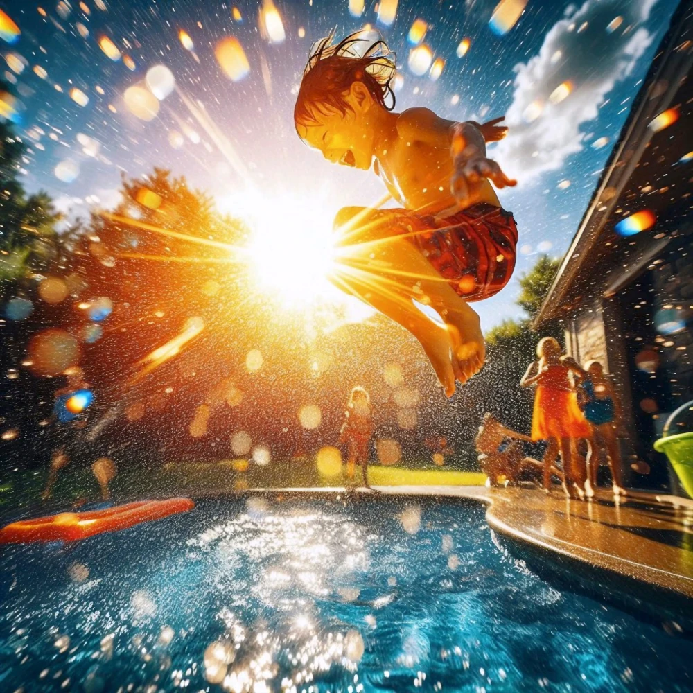 A child mid-jump into a bright blue pool, a huge splash of water droplets frozen in the air